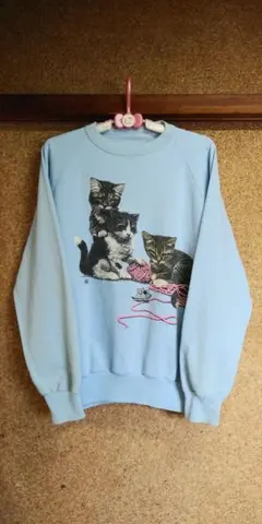 レディース スウェット トレーナー 水色 ねこ ファンシー 古着 ヴィンテージ
