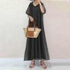 シアー パーカーワンピース シフォン　バックプリーツ　体型カバー マキシワンピ