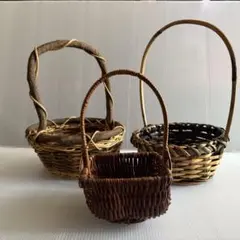 【3個セット】天然素材 ラタン・籐製　 持ち手付き バスケット　ハンドル付き