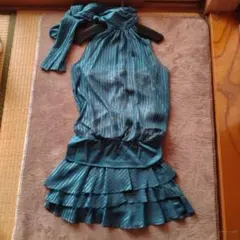 ティール ストライプ フリル パーティードレス