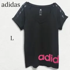 1679【アディダス】Vネック半袖Tシャツ ビッグロゴ サイドライン 黒 L