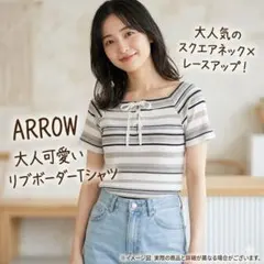 アロー レディースＭサイズ ストライプ リボン Vネック 半袖 トップスのサムネイル
