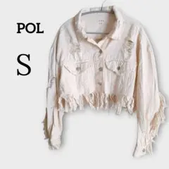 POL フリンジクロップド デニムジャケット S ダメージ ショート丈 白