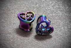 最 終 値下げ！五芒星 ハート オーロラ加工 拡張ピアス10mm