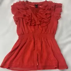 赤 フリル ノースリーブシャツ