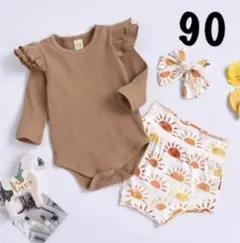 ブラウンᕱ90cmᕱロンパース.ボトムス&ヘアバンド 3点セットᕱ