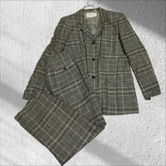 プラントステム（９）パンツセットアップ　麻１００％　グリーン系　チェック柄　M