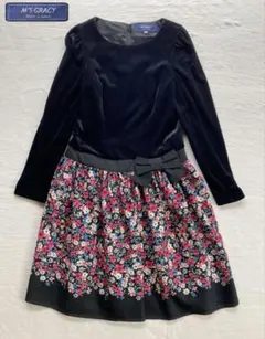 M'S GRACY ベロア　切り替え　花柄　 ウエストリボン　ワンピース 38