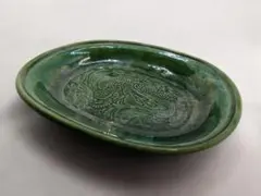 珉平焼 緑釉陰刻雲龍文 小判形小皿 豆皿 手塩皿 淡路焼 江戸期 骨董 龍_05のサムネイル