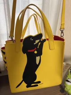 犬イラスト付き黄色ショルダーバッグ
