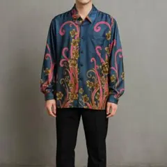 【美品】柄シャツ 花柄 ポリシャツ　総柄　長袖　クレイジーパターン　L相当