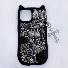 iPhone13.14 デコ電 デコケース 黒 地雷系 猫耳 ゴスロリ パンク