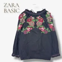 ZARA BASIC 刺繍 ブラウス 花柄 ボヘミアン 黒 ふんわり a751