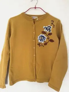 【値下げ】　花柄 刺繍 ニット　ウール　カーディガン 昭和レトロ 黄色S〜M