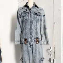 00s デニム風 異素材 つなぎ バックプリント ヒョウ柄 カーゴ 平成y2kのサムネイル