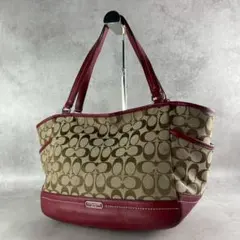 【美品】COACH トートバッグ シグネチャー ハンドバッグ 赤 肩掛け可能