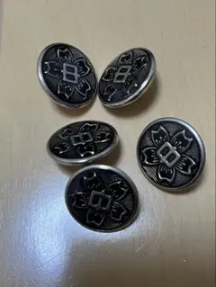 学ラン用花模様の金属製ガラス張りボタン5個セット（中学生全国共通）ヴィンテージ品