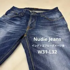 Nudie Jeansインディゴブルー ダメージ強ストレートデニムW31-L32