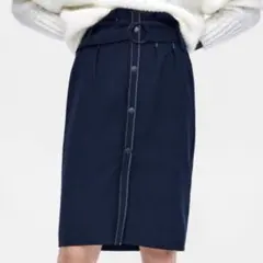 ZARA BASICタイトスカート ネイビー 膝下丈ベルト付きのサムネイル