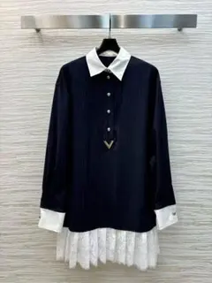 Valentino ネイビー ストライプ 長袖ワンピース S