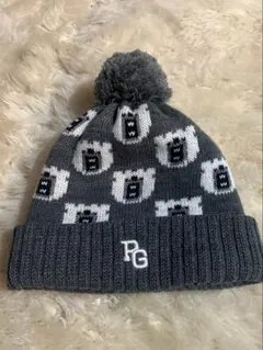 【超美品】パーリーゲイツニット帽グレーメ白総 柄ボンボン付