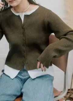 【マイナス3kg見え】レイヤードライクマルチウェイ配色リブニットカーデ