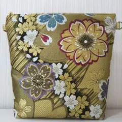 正絹袋帯 ( 美品 正絹 桜 唐織金色 )リメイクショルダーバック