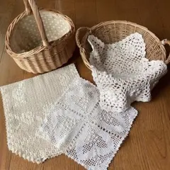 ナチュラルインテリア雑貨セット レース編みクロス バスケット ラタン