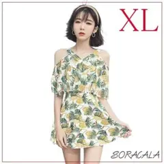 水着 レディース ワンピース XLサイズ レーストップ パイン柄 体型カバー水着