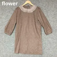 flower ブラウン 襟付き 五分袖チュニック
