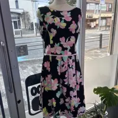 近年美品 LEONARD レオナール カンカン ストレッチ リボン ワンピース 