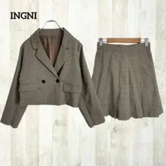 イング ジャケット プリーツスカート セットアップ F 茶色 千鳥格子 可愛い