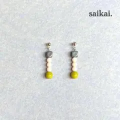 [875]チェコガラスの3色ピアス グリーン ホワイト グレー ハンドメイド