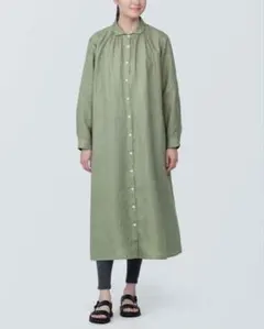 無印良品 リネン100% シャツロングワンピース　XL ライトグリーン