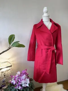 【INED／日本製】カシミヤロングコート 赤 7号 膝下丈 美ライン 綺麗め