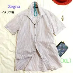 【美品】Zegna シワ加工　ストライプ半袖シャツ　コットン混　イタリア製 LLのサムネイル