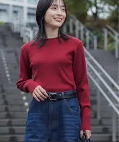 〈吸湿発熱〉ウォッシャブルクルーネックリブニットプルオーバー　レッド　赤