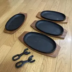 未使用】ステーキ皿 5枚セット 鉄板23cm 木台 ハンドル付き ハンバーグ