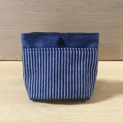 ヒッコリー柄×デニム風　移動ポケット　ハンドメイド
