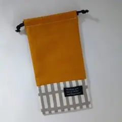 ハンドメイド　お箸袋　歯ブラシ袋　カトラリー袋　巾着袋　格子グレー×辛子タグ付き