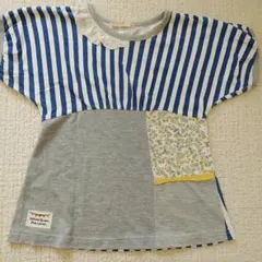 120 青　ストライプ　花柄　切り替え　Tシャツ