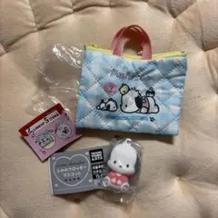 レトロレッスンバッグミニキーホルダー　ふわふわフロッキーマスコット　ポチャッコ