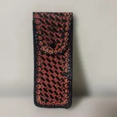 レザーペンケースオレンジと黒の編み込みデザイン筆箱 筆入れ 革 皮 飾り彫り