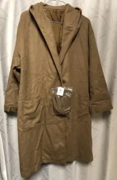 F73 フード付きロングコート　ベルト付き　キャメル　3L