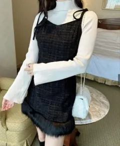 GRL グレイル ファー付きブラックキャミワンピース