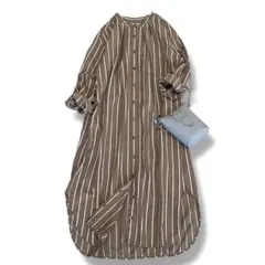 美品◆グリーンレーベルリラクシング シャツワンピース ストライプ バンドカラー