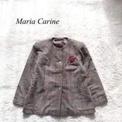 C7【マリアキャリーヌ】ノーカラージャケット　ベージュ　ウール　チェック柄