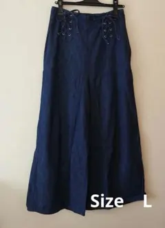 レースアップ デニムワイドパンツ ダークブルー L