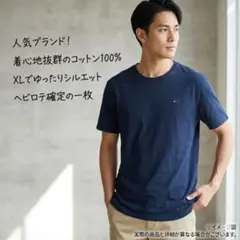 【希少XL】トミーヒルフィガー ワンポイント 刺繍ロゴ Tシャツ ネイビー 古着