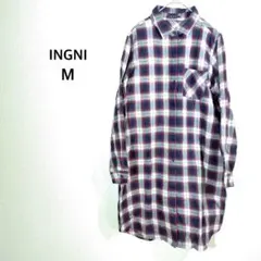 イング◉シャツワンピース M 赤×紺 チェック ロング チュニック 綿100%